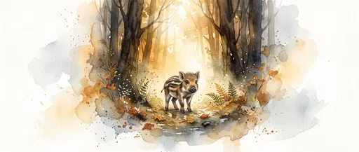 Watercolor Wild Boar Piglet in Autumn Forest