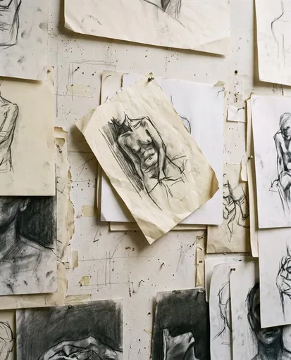 Charcoal Figure Sketches Pinned to Studio Wall