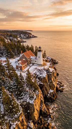 Snowy Cliffside Lighthouse at Golden Hour
