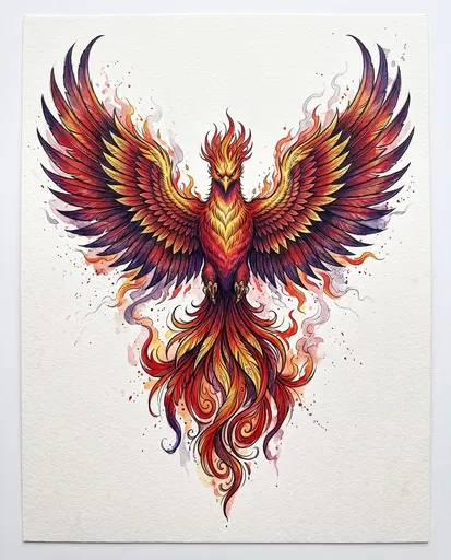 Watercolor Phoenix Rising Tattoo Illustration