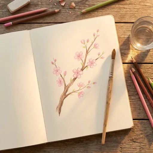 Cherry Blossom Sketch on Wooden Desk