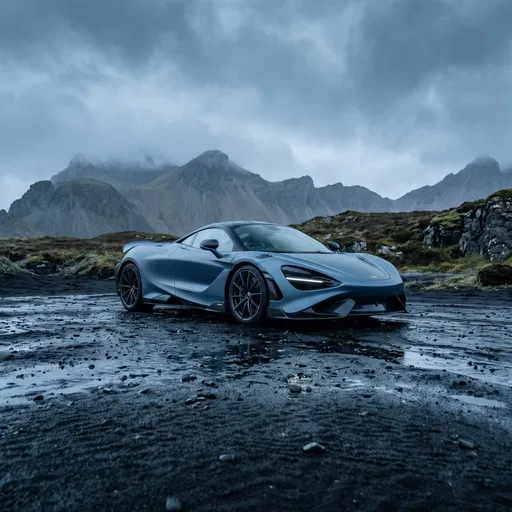 Blue Supercar on Wet Volcanic Sand