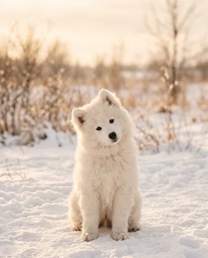 Fluffy White Samoyed Puppy in Winter Snow
