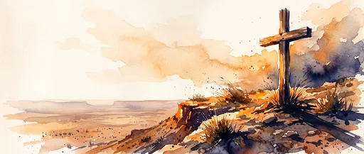 Watercolor Wooden Cross on Desert Mesa