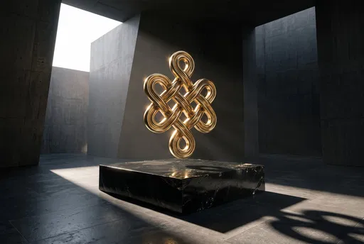 Floating Gold Knot Sculpture on Pedestal