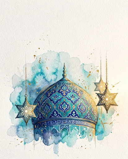 Watercolor Turquoise Mosque Dome and Star Lanterns