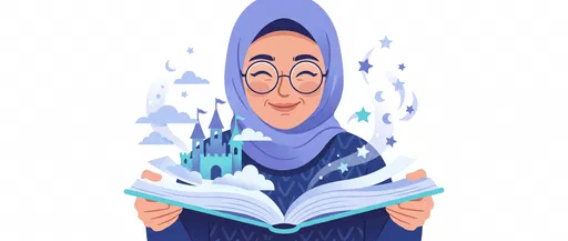 Smiling Hijabi Woman Reading Magical Book