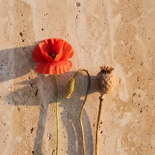 Poppy Flower Stages on Travertine Stone
