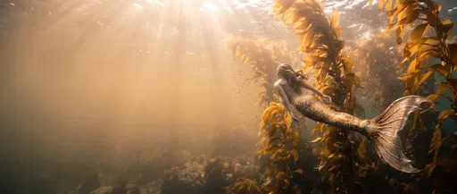 Mermaid Swimming in Golden Kelp Forest