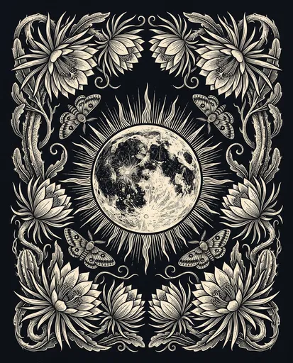 Symmetrical Moon and Floral Woodcut Illustration