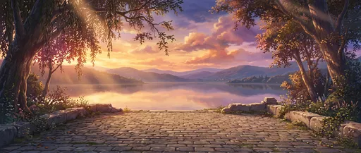 Anime Sunset Lake View from Cobblestone Terrace
