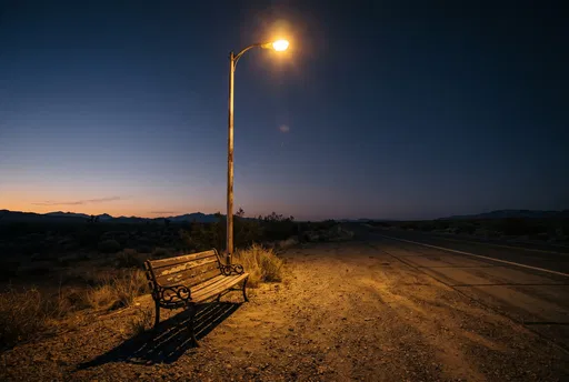 Lonely Bench Under Streetlight on Desert Highway