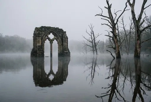 Submerged Gothic Archway in Misty River