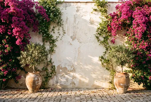 Mediterranean Courtyard Wall with Bougainvillea