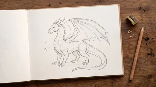 Pencil Dragon Sketch in Open Sketchbook