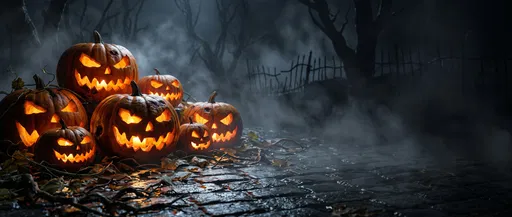 Glowing Jack-O'-Lanterns on Foggy Cobblestones