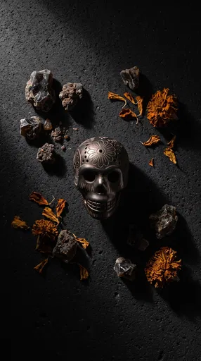 Black Clay Skull With Marigolds and Copal