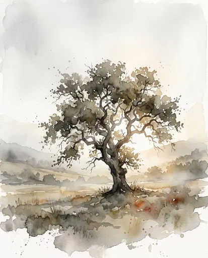 Watercolor Illustration of Ancient Oak Tree