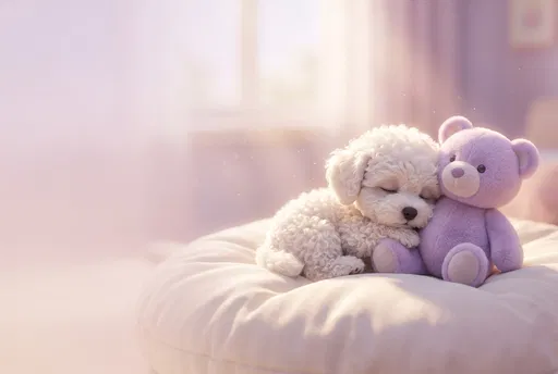 Sleeping White Puppy With Lavender Teddy Bear