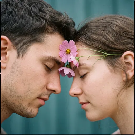 Couple Touching Foreheads With Pink Cosmos