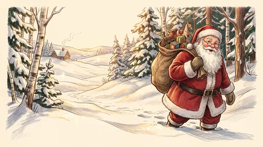 Storybook Santa Claus Walking in Snowy Woods