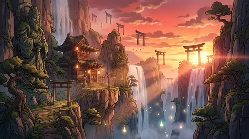 Anime Cliffside Shrine at Sunset