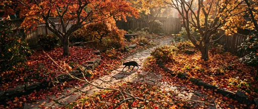 Black Cat Walking in Autumn Garden