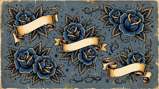 Vintage Blue Rose Tattoo Flash Sheet