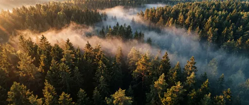 Aerial View of Misty Forest at Sunset