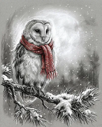 Barn Owl in Red Winter Scarf