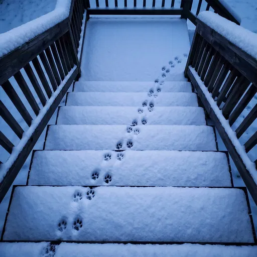 Paw Prints on Snowy Wooden Porch Steps