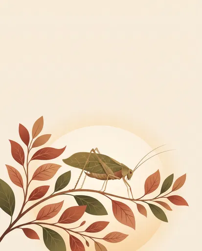 Leaf Katydid on Botanical Branch Illustration