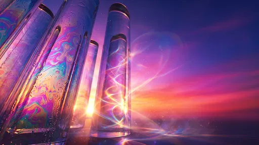 Iridescent Glass Cylinders Against Neon Sunset