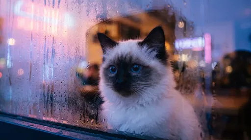 Fluffy Kitten Behind Steamy Cafe Window