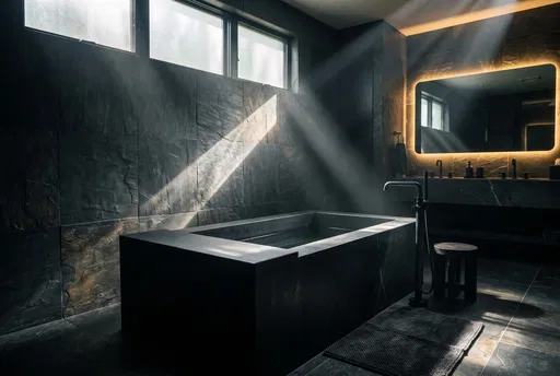 Luxury Dark Slate Bathroom with Stone Tub