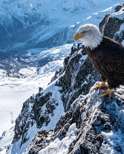 Bald Eagle Perched on Snowy Mountain Crag