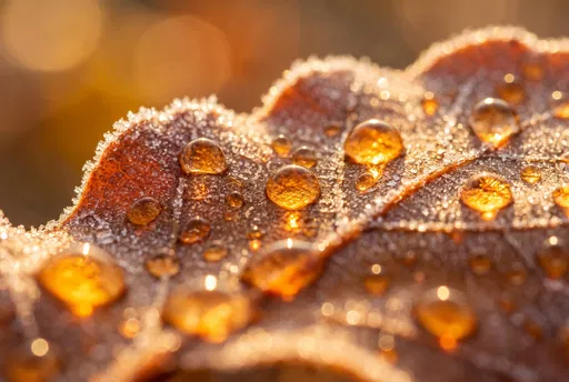 Frosted Autumn Leaf With Glowing Dewdrops