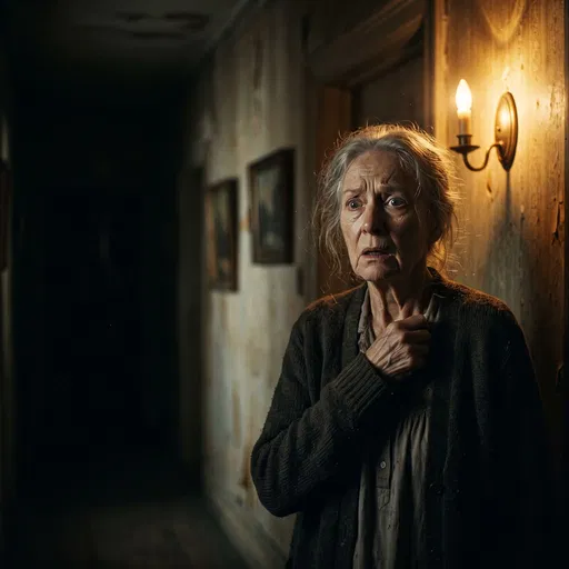 Frightened Elderly Woman in Dark Hallway