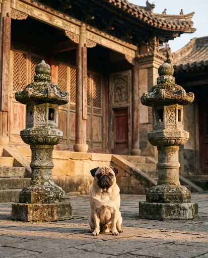 Pug Sitting Between Ancient Stone Lanterns