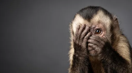 Capuchin Monkey Covering Face Studio Portrait