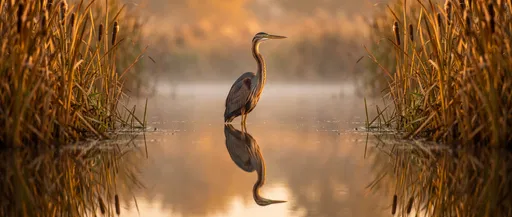 Purple Heron Reflected in Marsh at Sunrise
