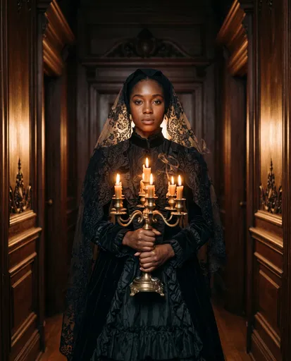 Woman in Victorian Gown Holding Lit Candelabra