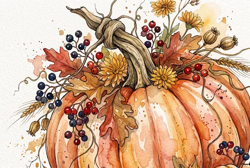 Watercolor Autumn Pumpkin With Berries and Florals