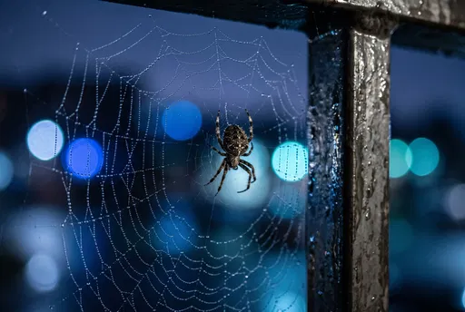 Orb Spider on Wet Night Web