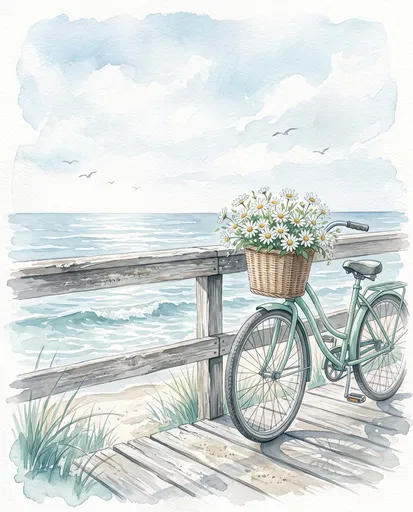Watercolor Bicycle With Daisies by Ocean