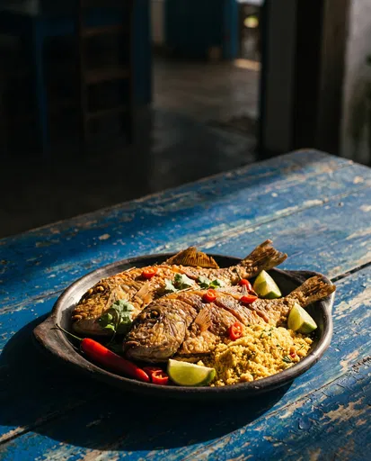 Crispy Fried Fish Platter on Blue Table