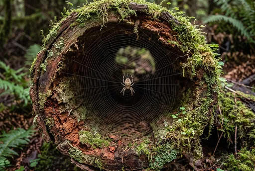 Spider Web Inside Hollow Mossy Log