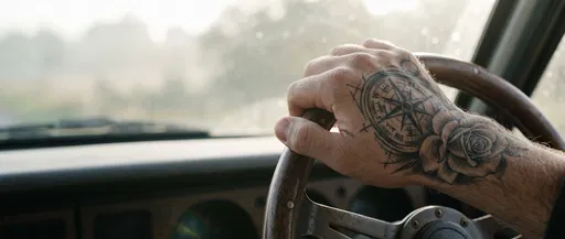 Tattooed Hand on Vintage Steering Wheel