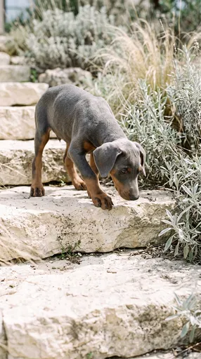 Blue Doberman Puppy on Limestone Steps