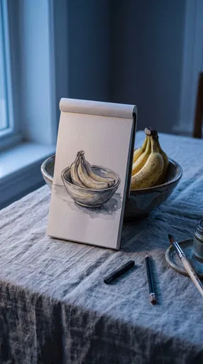 Sketchbook With Banana Drawing on Linen Table